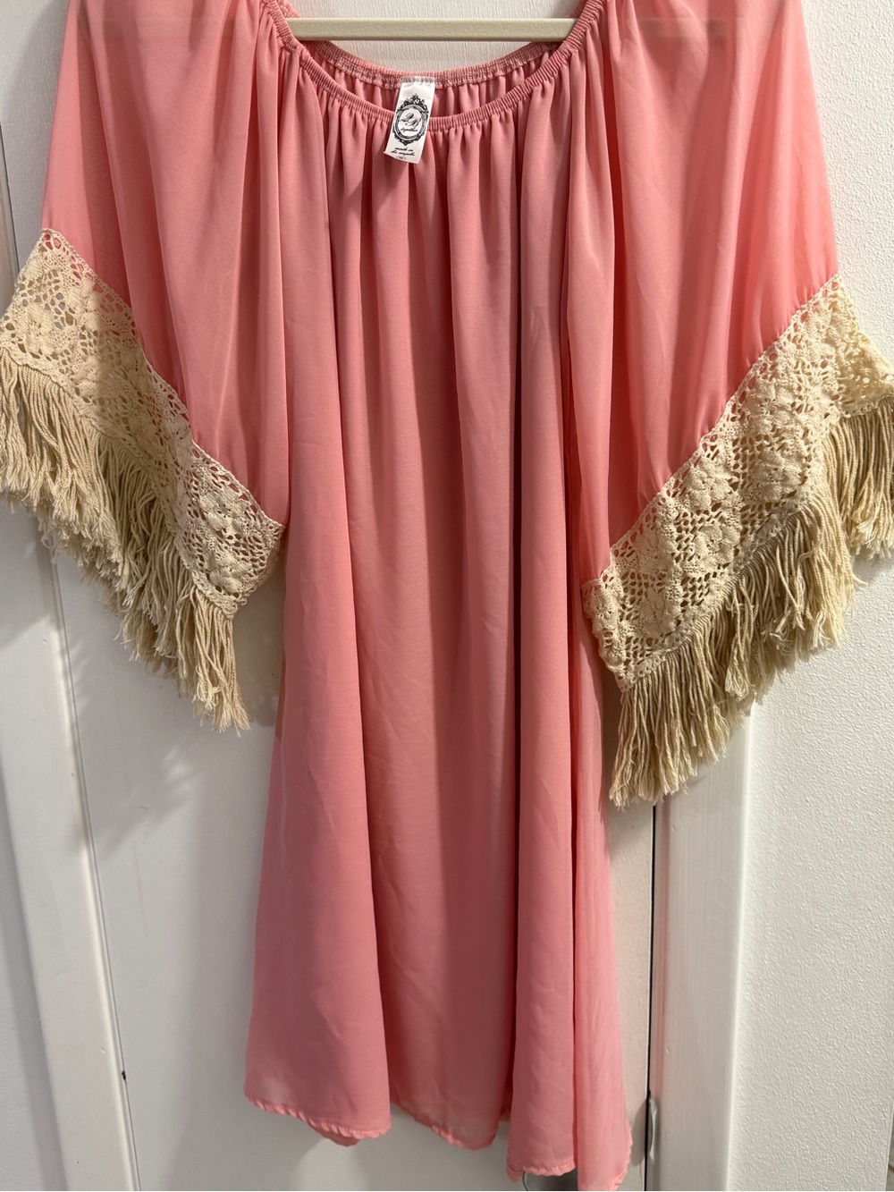 Together Pink Off-Shoulder Mini Dress with Cream Crochet Fringe